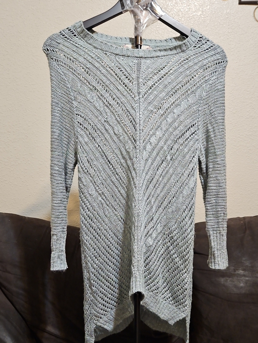 Pink Rose Sage Green Open-Knit Chevron Sweater